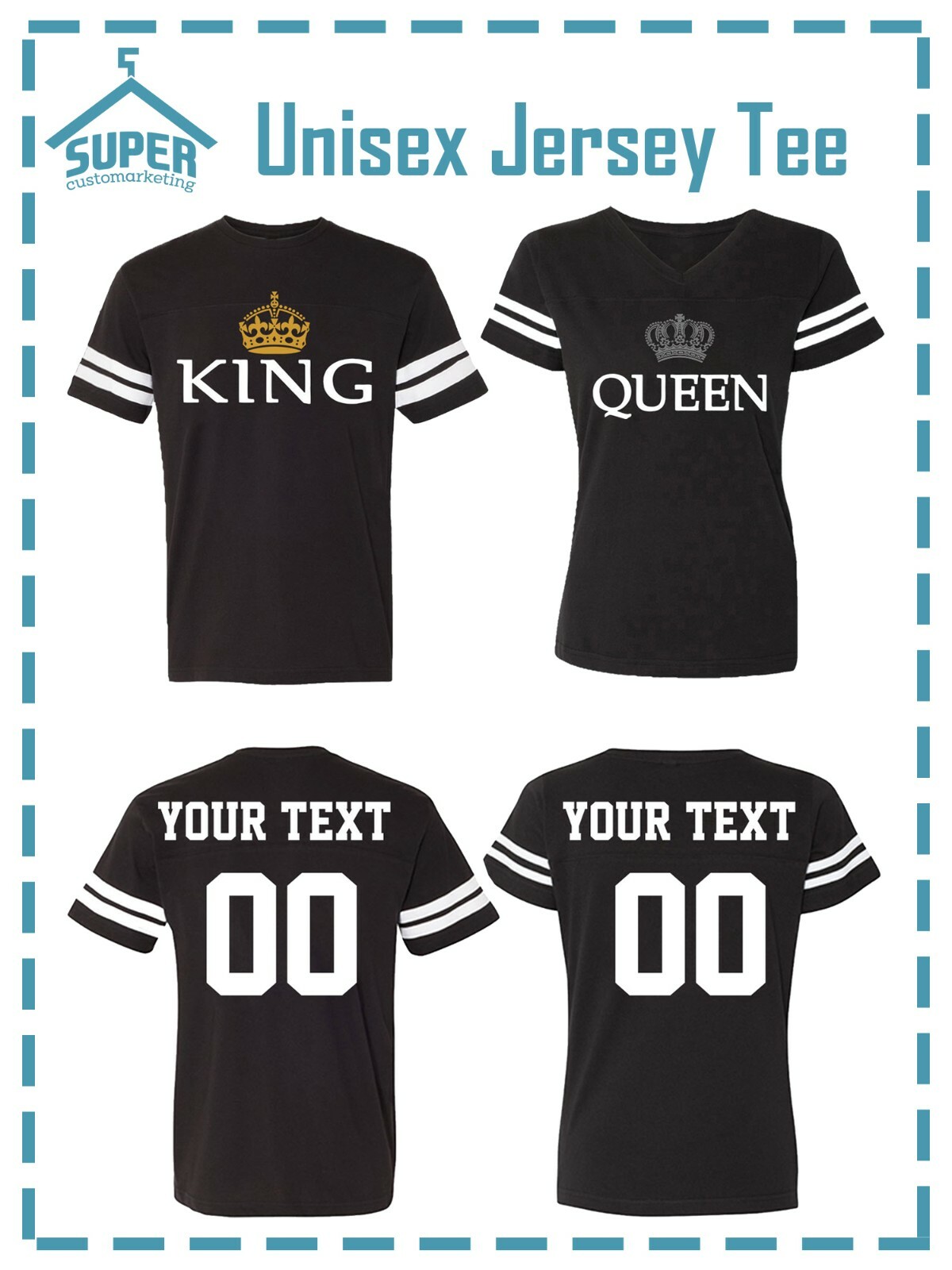 King Queen OLD Fine JERSEY STYLE COUPLES TSHIRTS CUSTOM BACK PERSONALIZED