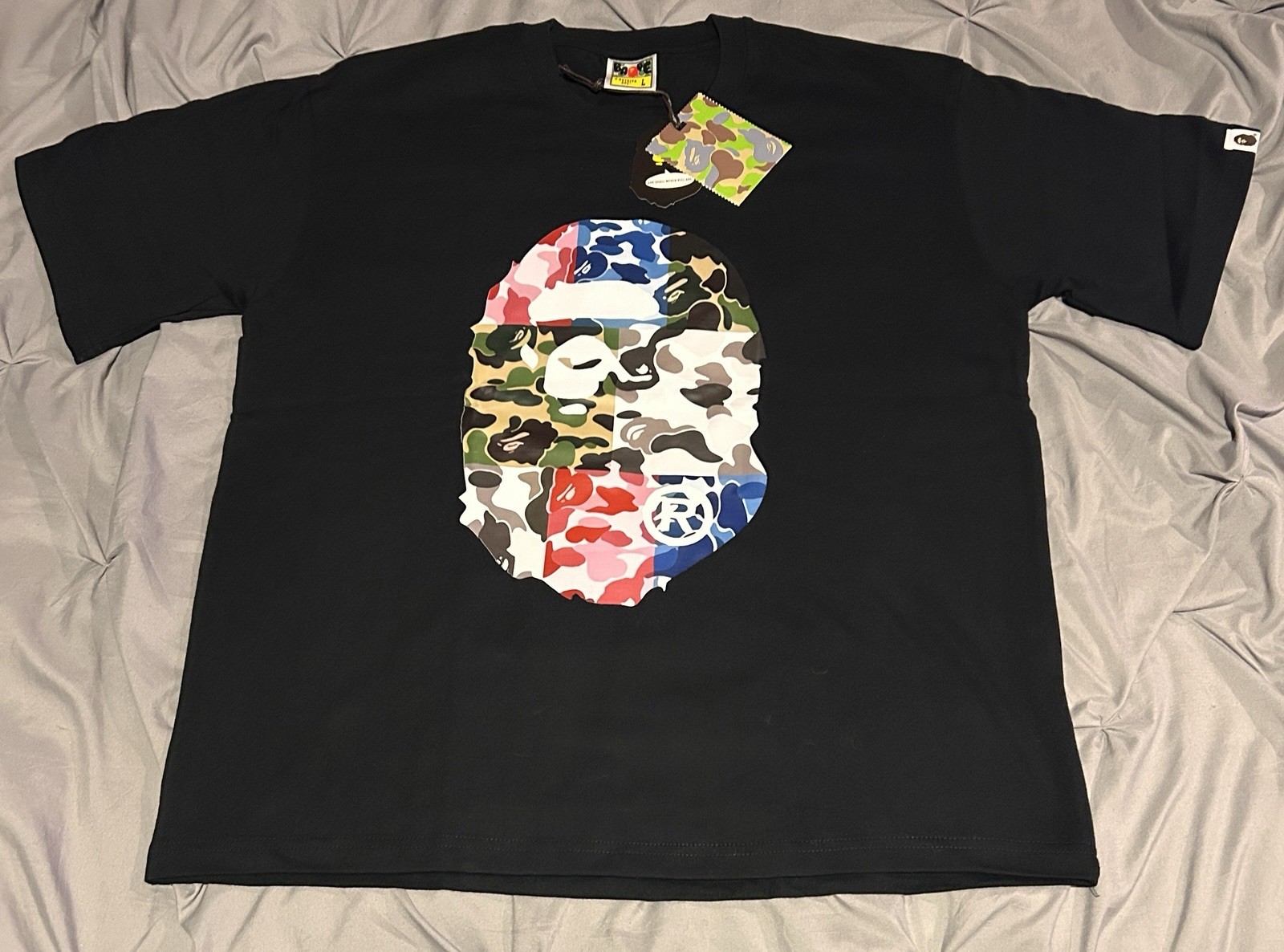 A Bathing Ape BAPE Black Multi Color Pattern T-Shirt, Size L