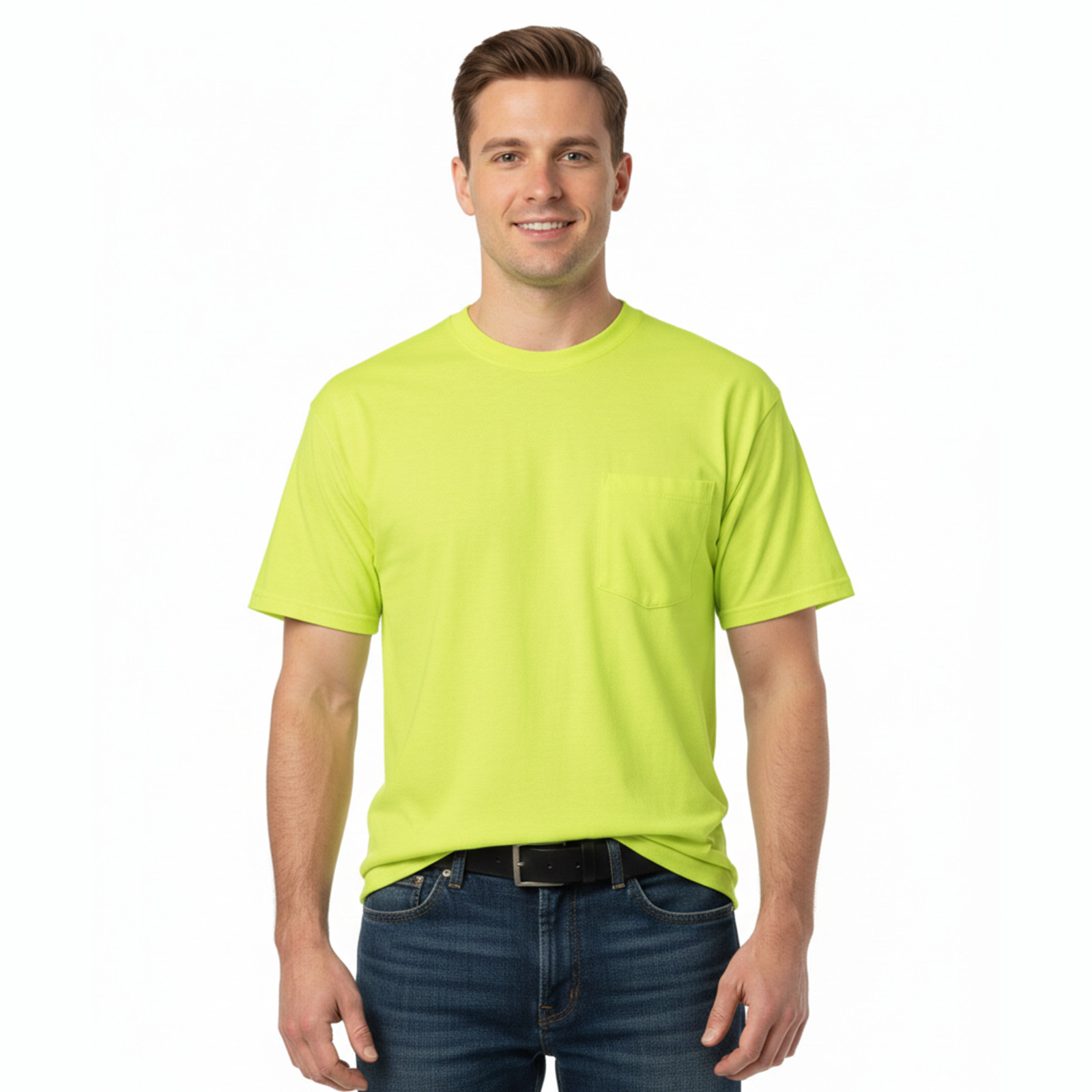 Hanes W110 Men’s Hi-Vis Work Pocket T-Shirt ANSI Safety Green/Orange S-3XL