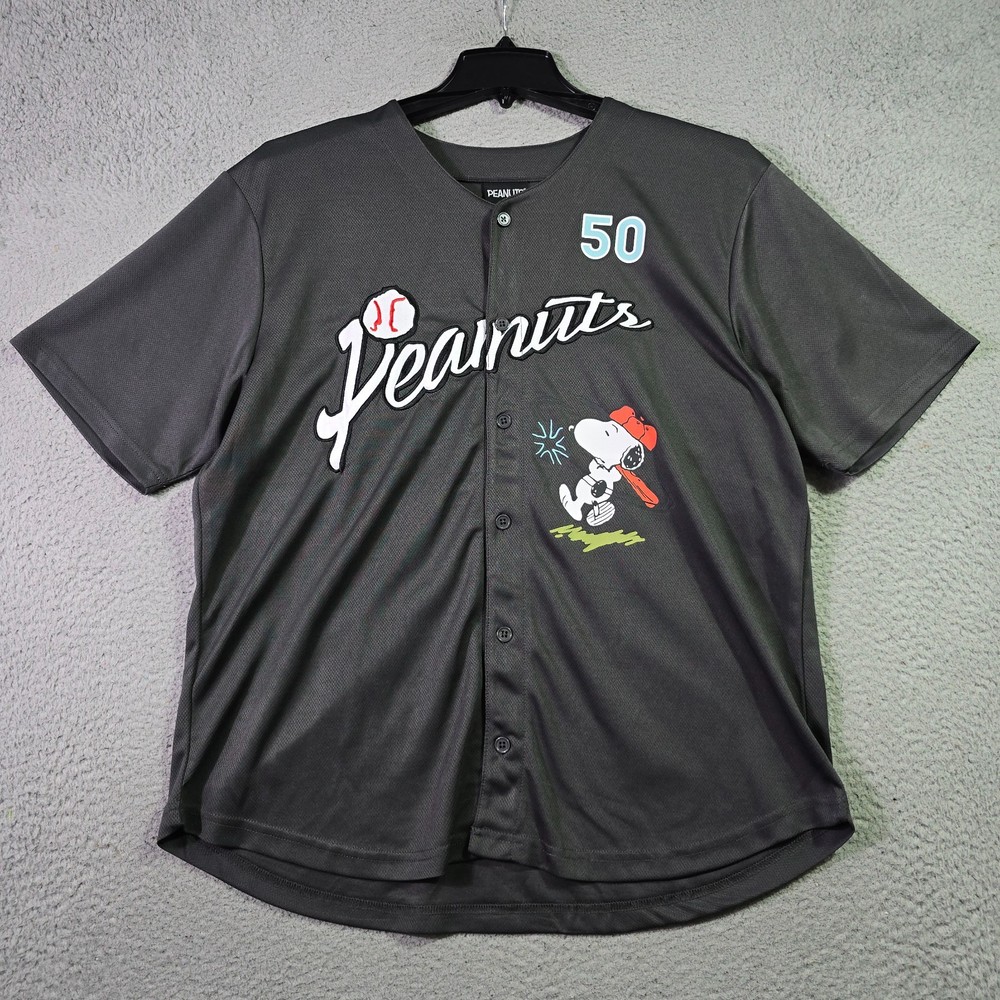 Peanuts® Snoopy Baseball Jersey shirt Mens Large Black Charlie Brown Button NWT