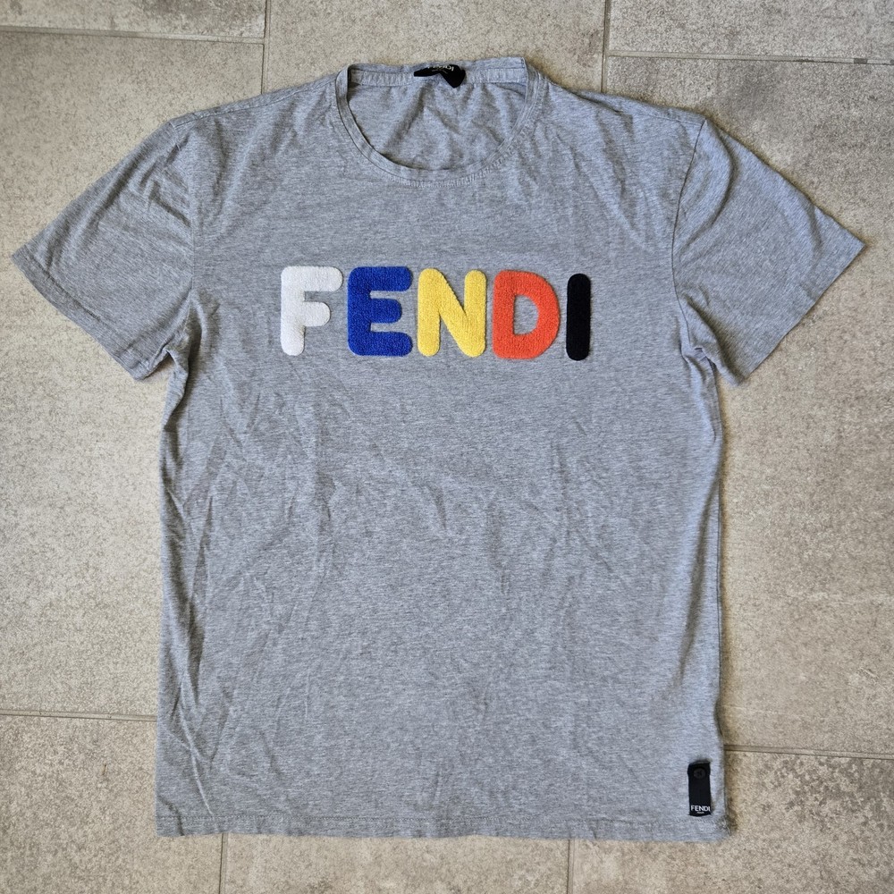 Fendi Fuzzy Letter Spell Out Grey Tshirt Mens Sz M Wms XXL Made in Italy