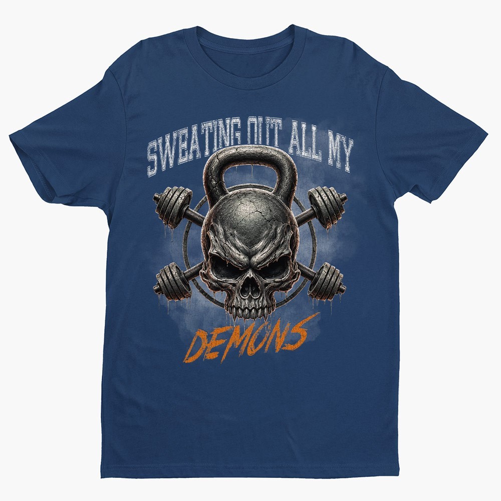 Retro Sweating Out My Demons Unisex T-shirt | Gym Skull Lover Gifts for Men gallery