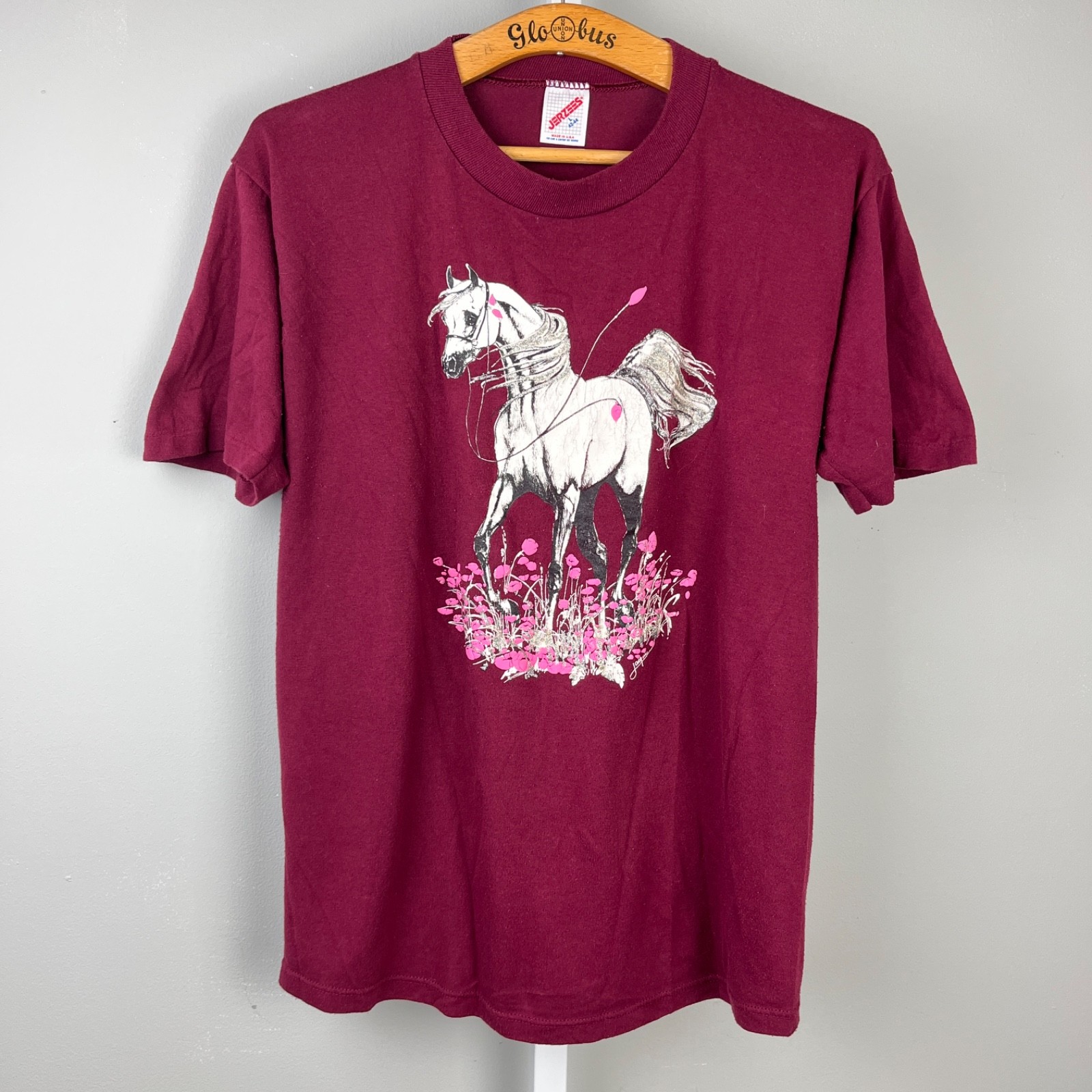 Vintage 80s/90s Jerzees Graphic T-Shirt Unisex L Horse Floral Glitter USA gallery