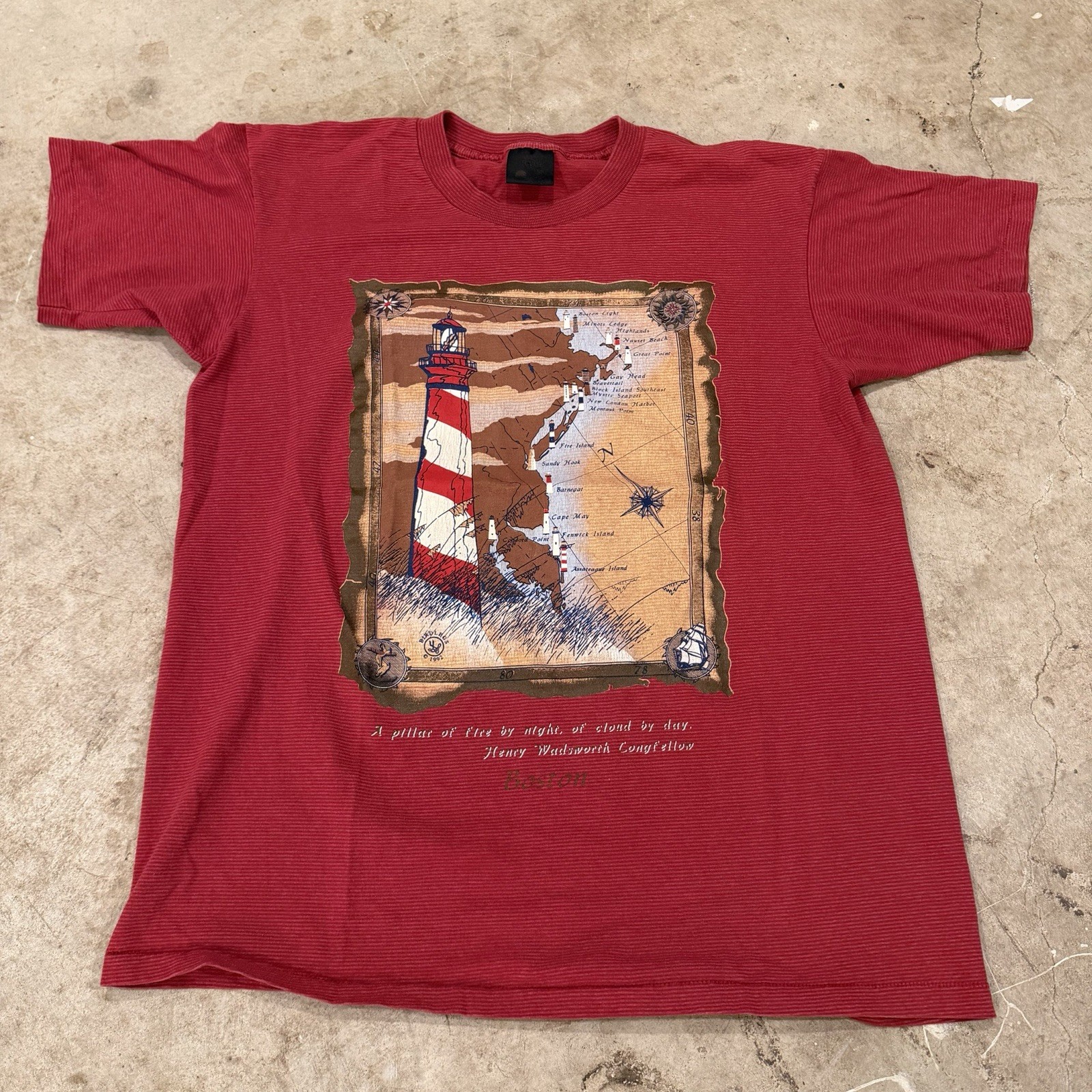 Vtg 90s FLORIDA Lighthouses T-SHIRT Mens Large Stripe Nautical Coast Ocean Art