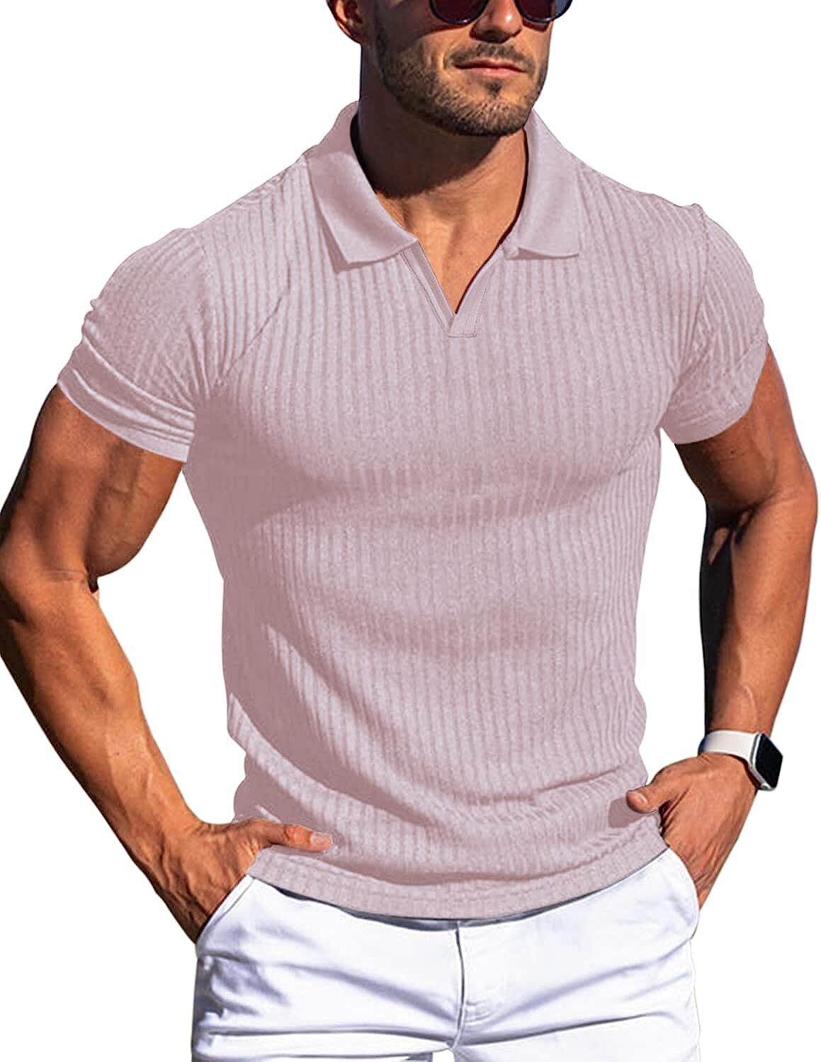 Men's V Neck Polo Shirts Slim Fit Short Sleeve T-Shirts Ribbed Knit Soft Tees gallery