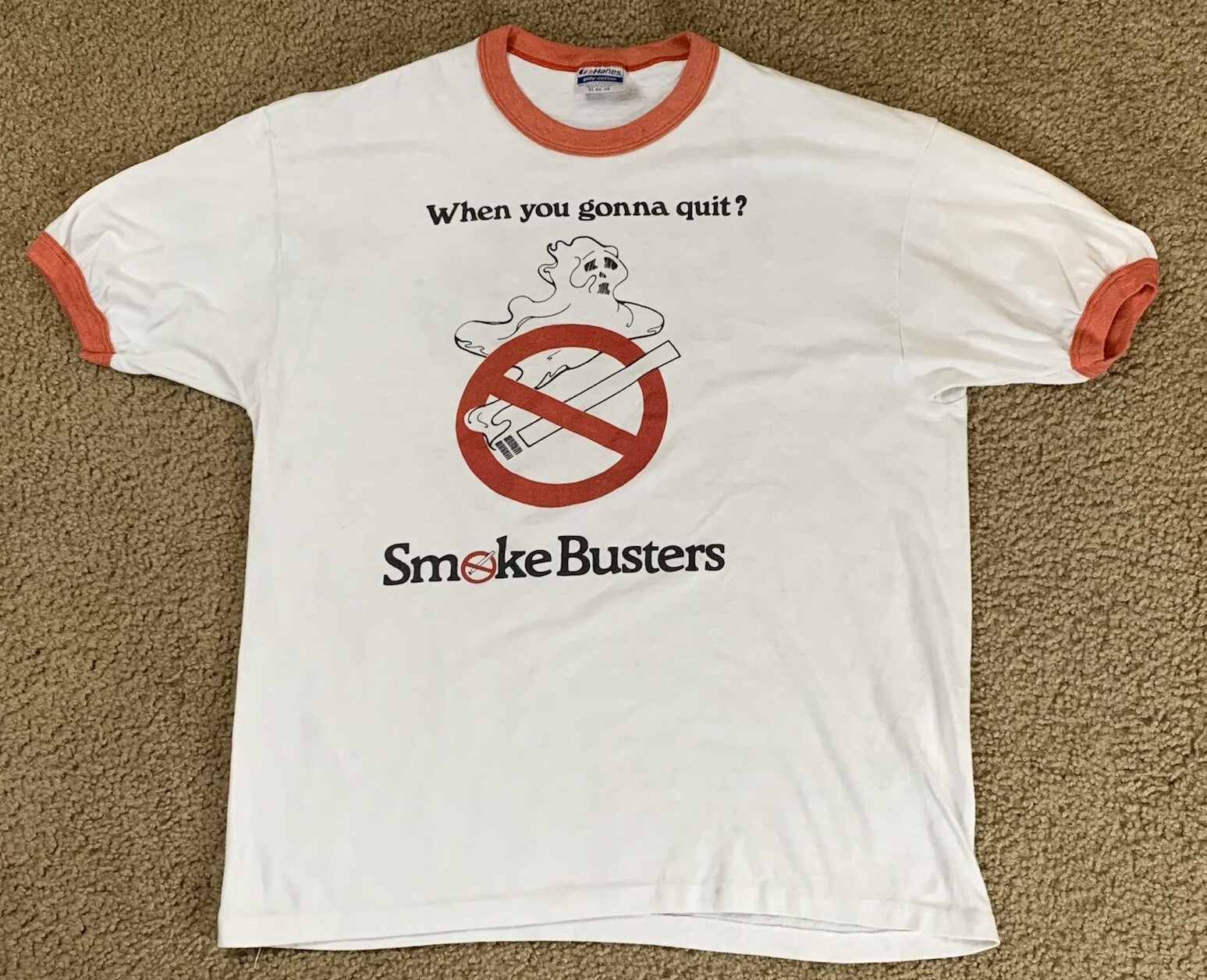 Hanes SMOKE BUSTERS Adult XL Short Sleeve Ringer Graphic T VTG 80s Poly Cotton gallery