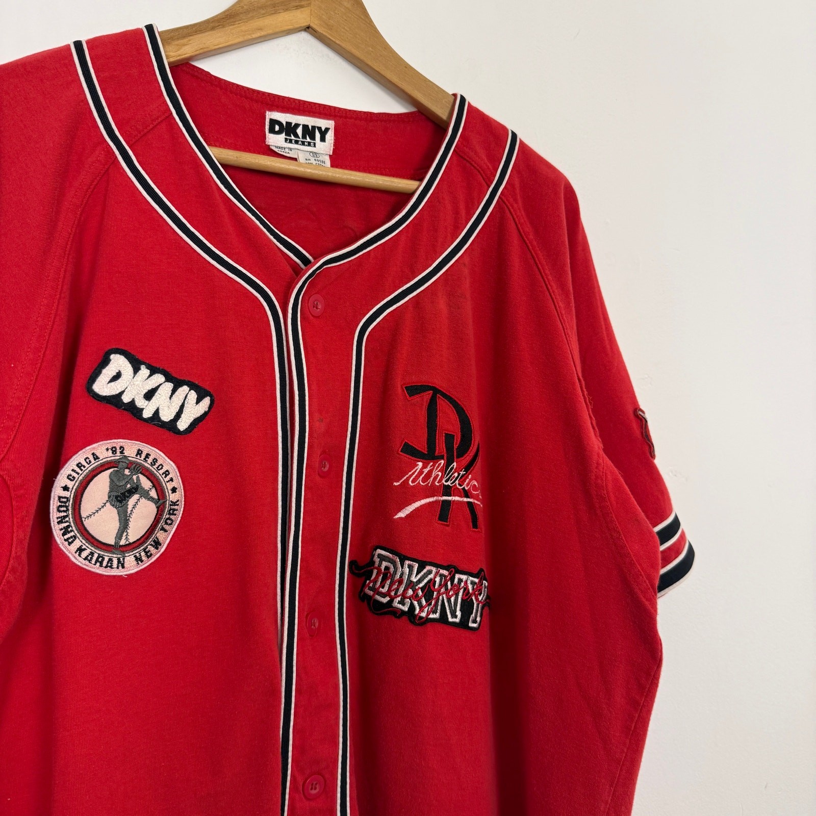 Vintage 90s DKNY Patchwork Baseball Jersey Button Up Shirt Streetwear Sportswear gallery
