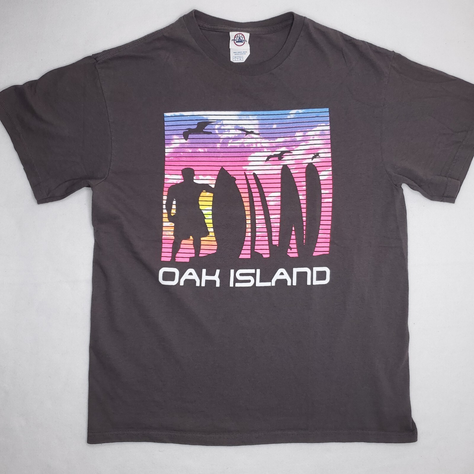 Oak Island NC Surfboard Sunset Mens Size Large Gray Short Sleeve T-Shirt