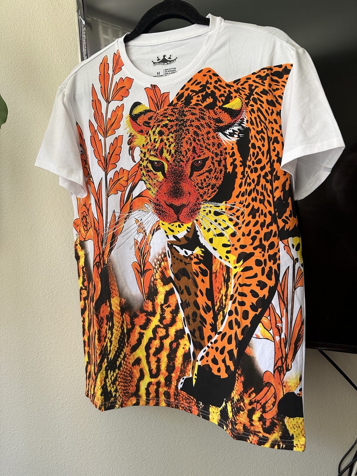 Head or Tails Men’s Rhinestones Beaded / White/Orange Tiger T-shirt Size M gallery