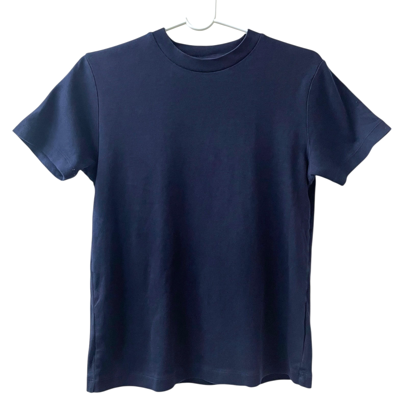 MUJI Women Sz SMALL Crew Neck Plain Navy T-Shirt Stretchy Everyday Easy Casual