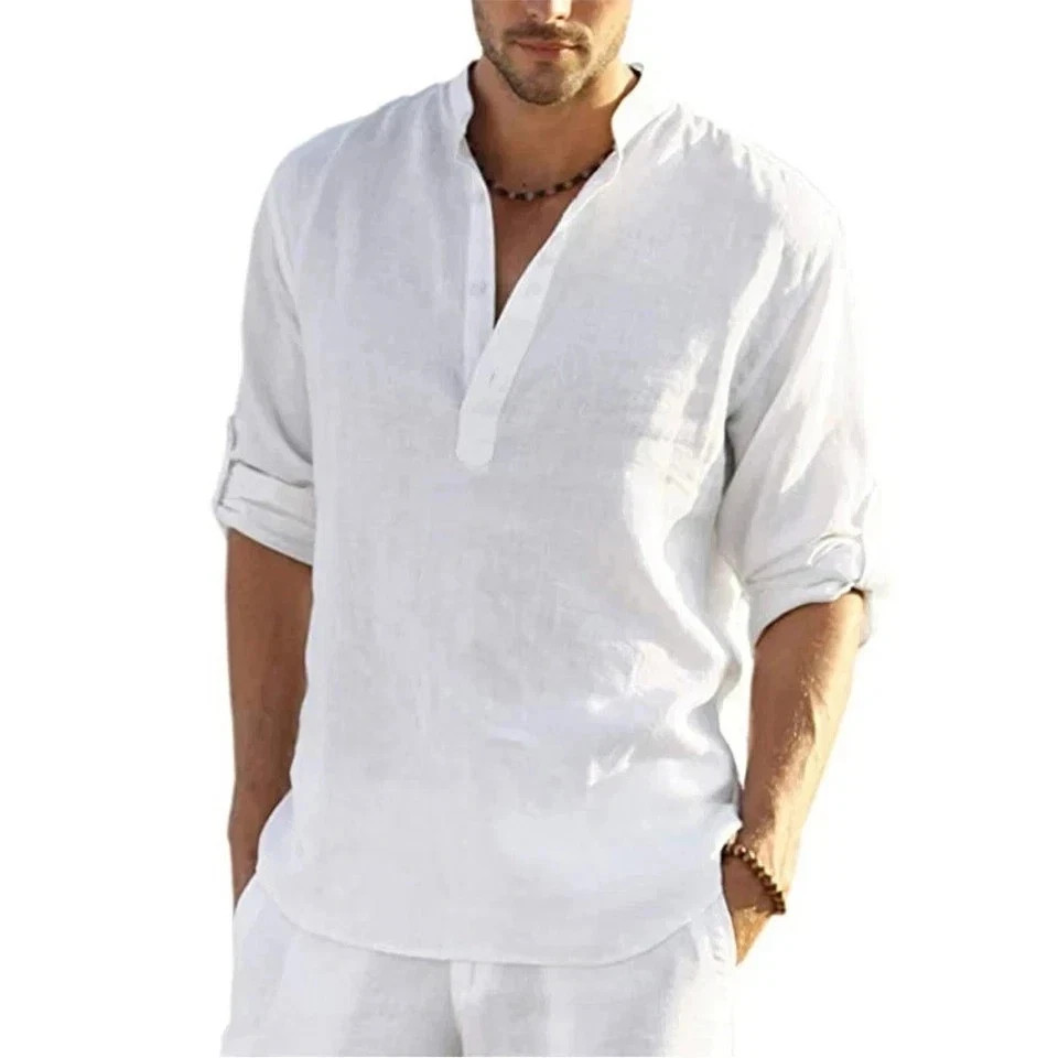 Men's Cotton Linen Henley Long Sleeve Shirt Casual Beach T-shirt Tee Summer Gift gallery