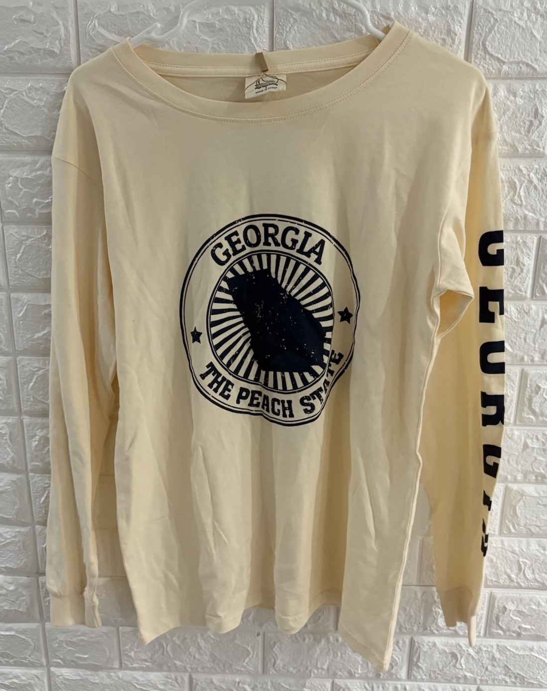 Georgia The Peach State Mens Shirt Size Small Long Sleeve Beige Cotton Atlanta