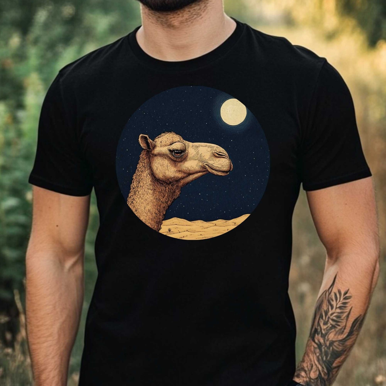 Mens Camel in Moonlight Motif Cotton T-Shirt Size XS to 5XL gallery