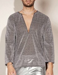 Manfinity Gray Size L Sheer Mesh Tinsel Metallic Long Sleeve V-Neck Tee
