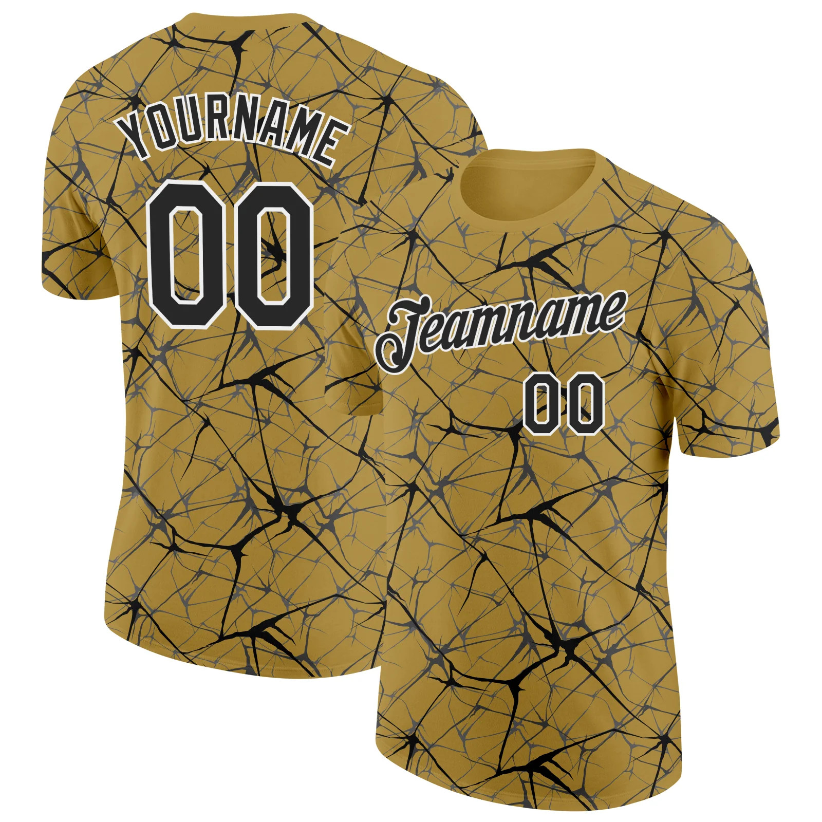 Custom Old Gold Black Abstract Crackle Sports Tee Personalized Team Jersey gallery