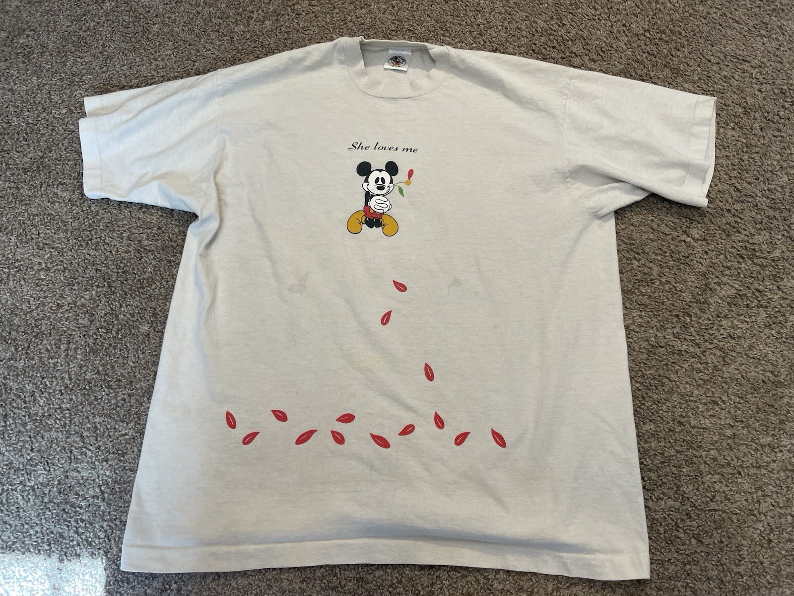Vintage 90s Walt Disney Mickey Mouse She Loves Me Rose Petals One Size Fits All