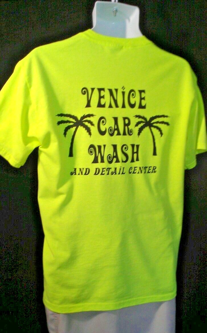 Venice Car Wash Neon Yellow JERZEES T-Shirt Adult Medium 100% Cotton EUC