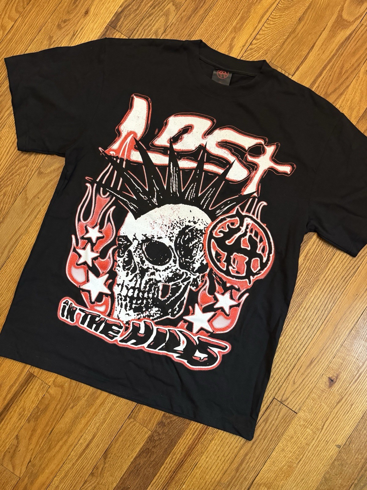 Lost Hills Skull Flame Graphic Tee Black Size Large Double Sided Streetwear NWOT gallery