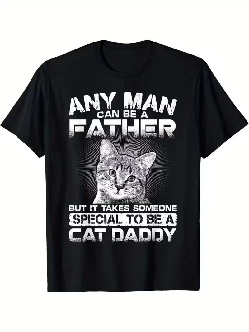 Men’S Black T-Shirt Featuring a Humorous ‘Cat Daddy’ Print, Designed with a Casu