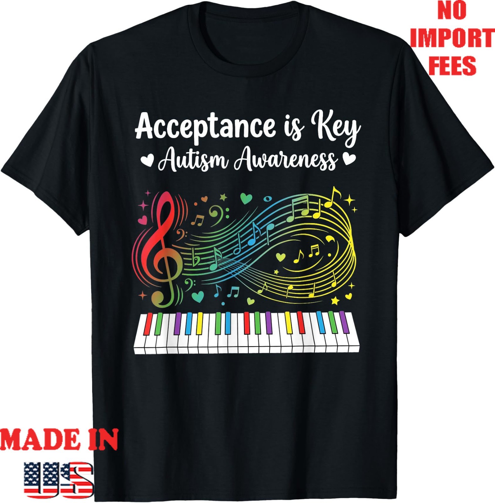 Acceptance is Key Autism Awareness Music Piano Unisex T-Shirt ,Gildan 5000 gallery