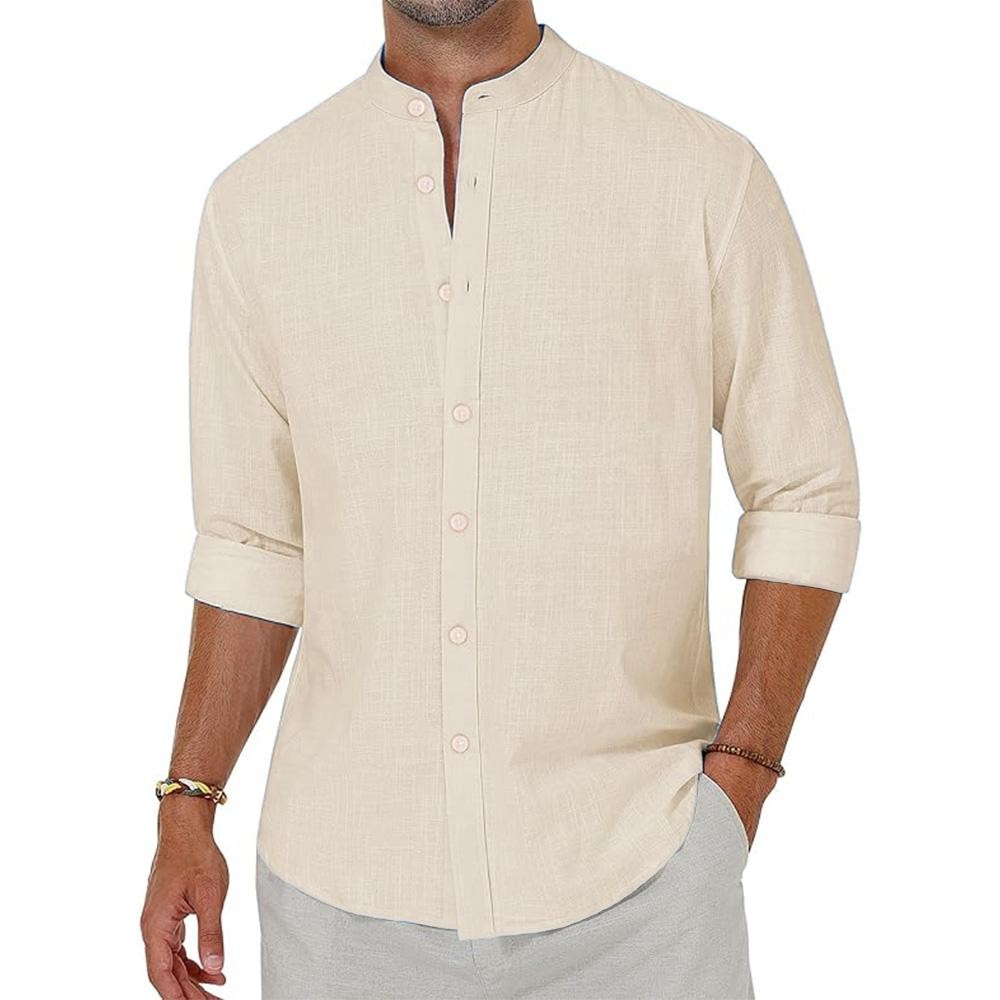 Linen Shirt Men's Stand Collar Long Sleeve Chinese-style Cotton Loose Casual Top gallery