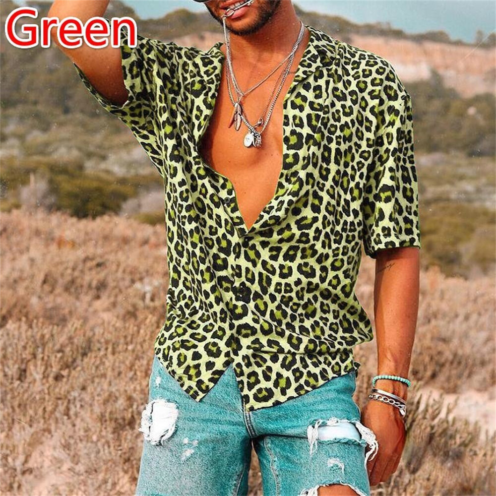 Men's Leopard Print Shirt Casual Slim Shirts Short Sleeve Button Down Top Blouse gallery