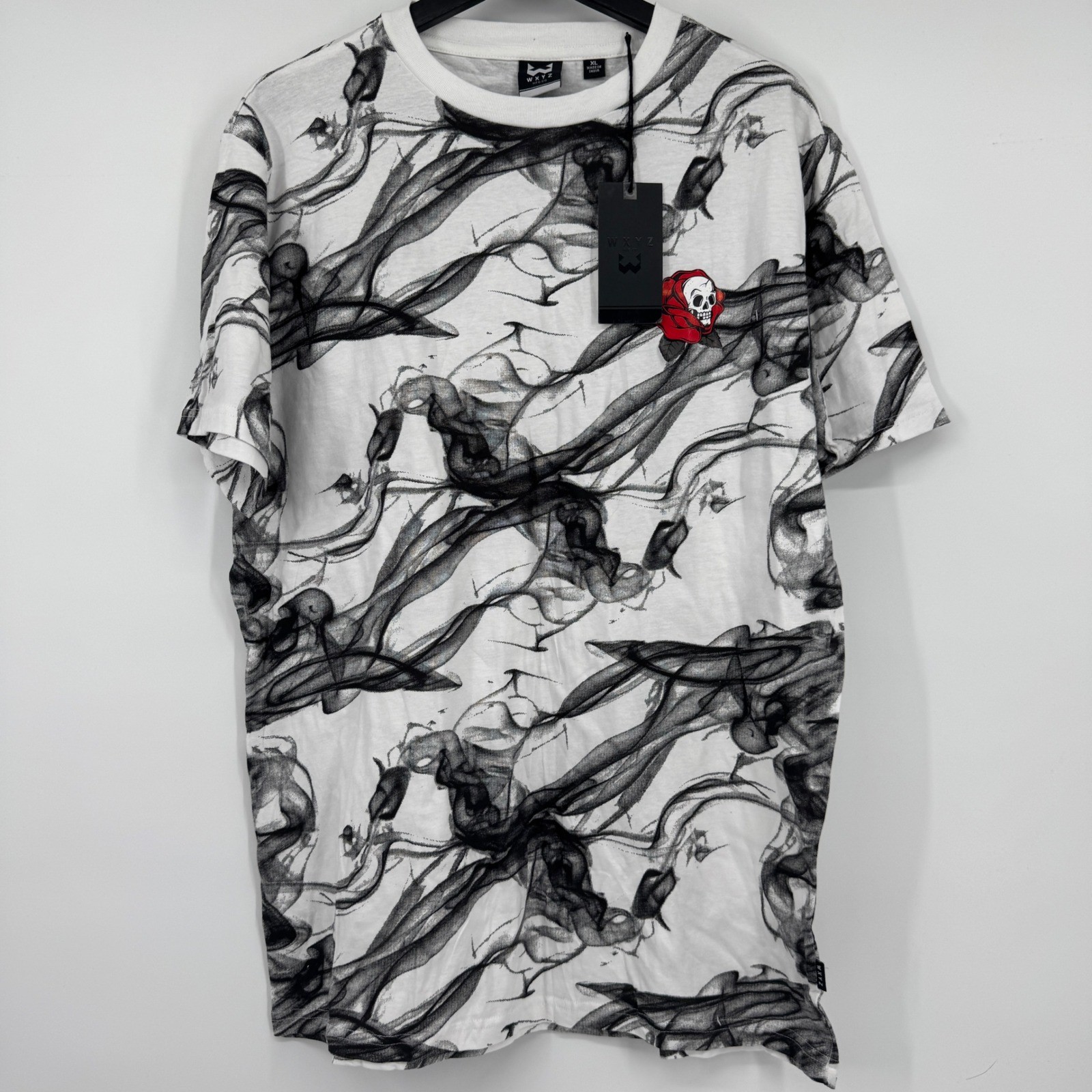 WXYZ MFG CO Mens XL White All Over Smoke Print Skull Rose Graphic T-Shirt NEW gallery
