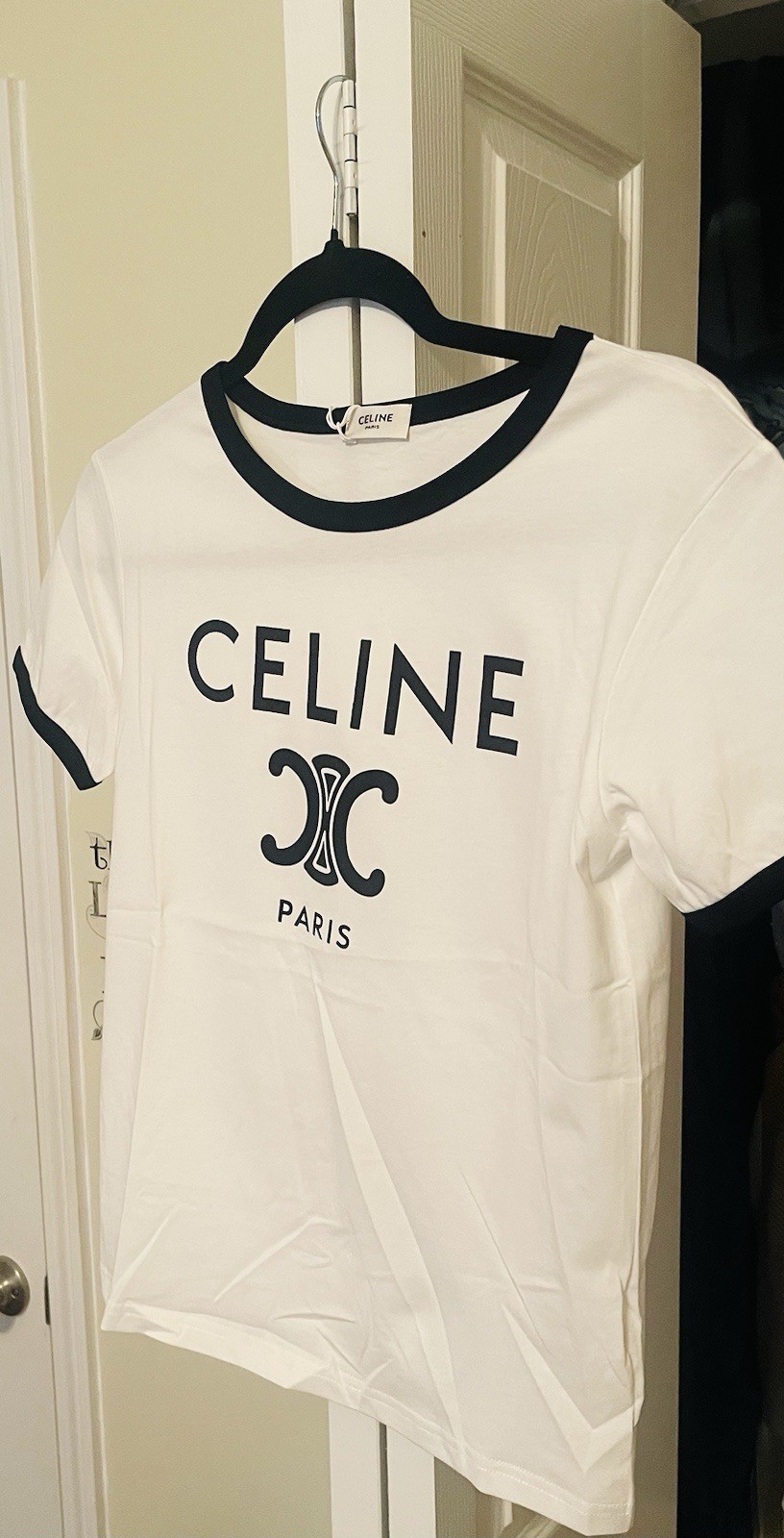 WomenCELINE White/Black Ringer Logo Crew Neck Short Sleeve T-Shirt Size S