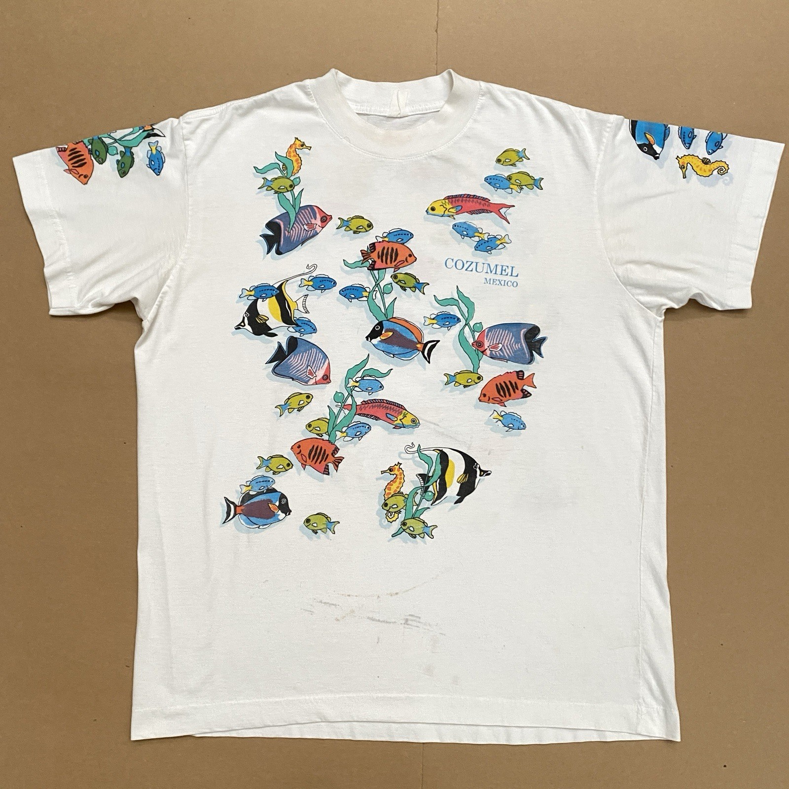 Vintage 90s All Over Fish Print Tropical Cozumel Mexico T-Shirt Distressed