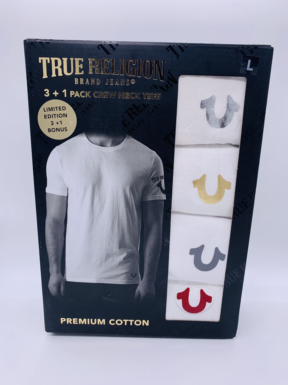 True Religion Men’s Large 3 + 1 Pack Crew Neck Tees Premium Cotton White Shirts