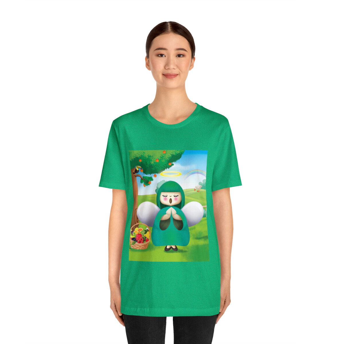 Singing Angel Charm in the field w/ fruit tree & basket, Green Short Sleeve Tee gallery
