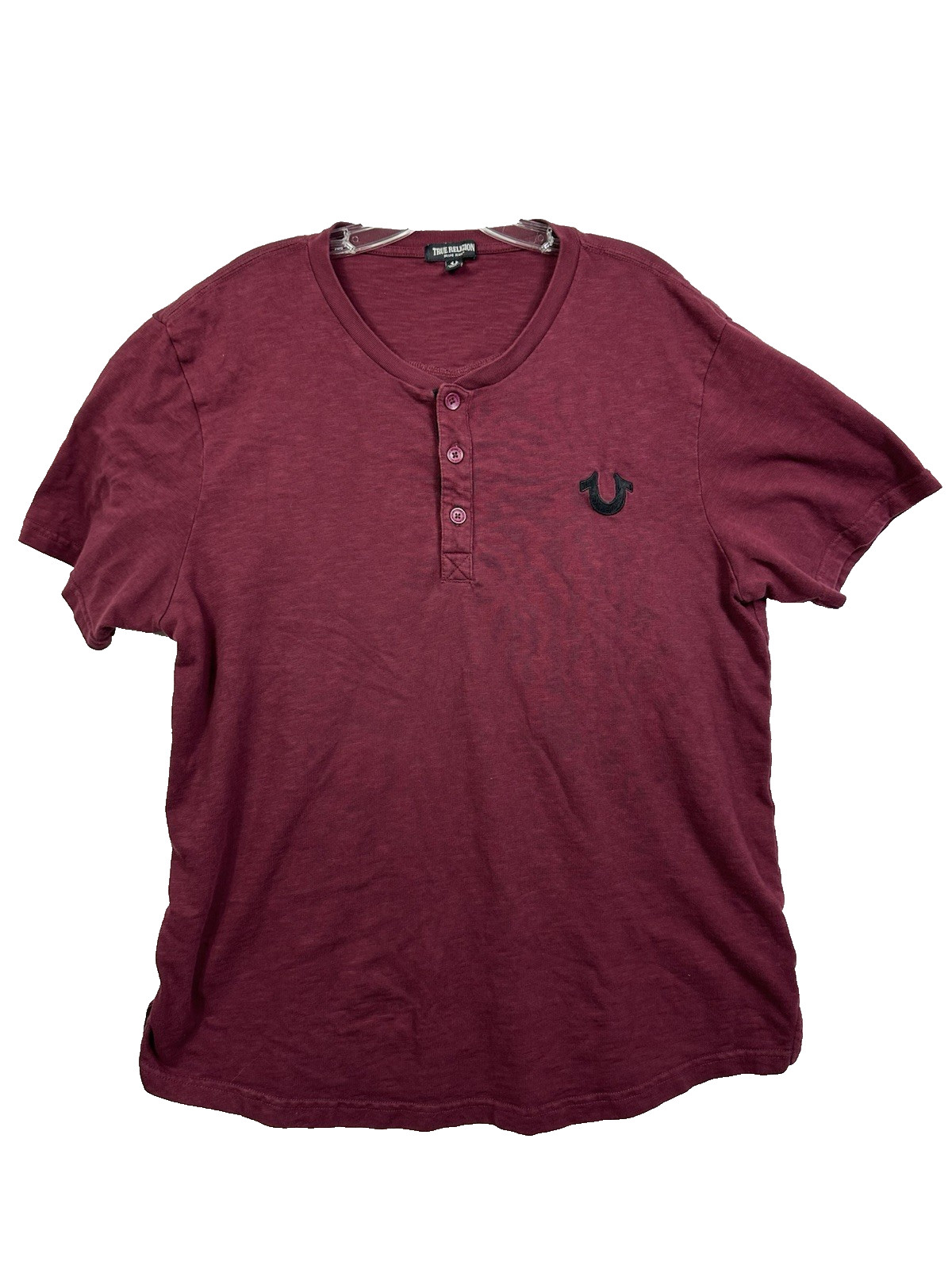 True Religion Mens 2XL Henley Shirt Burgundy Slub Knit Horseshoe Logo Maroon XXL gallery
