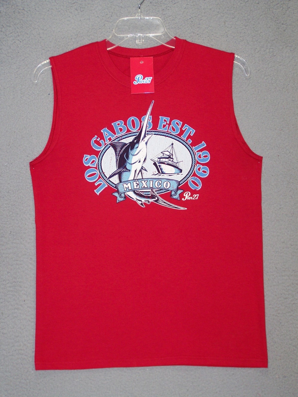 Los Cabos Tank Top Adult Medium Red Graphic Marlin Ocean Beach Outdoor Mens gallery