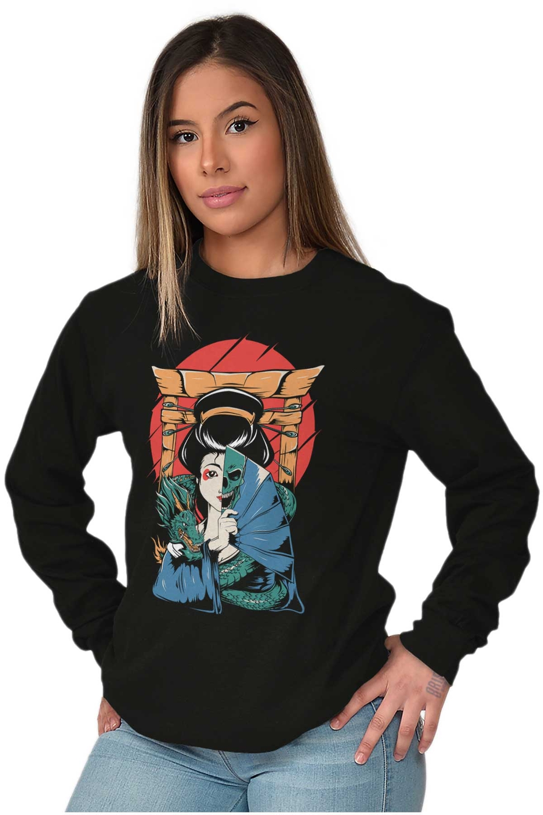 Traditional Geisha Split Face Skull Dragon Long Sleeve Tshirt for Men or Women gallery