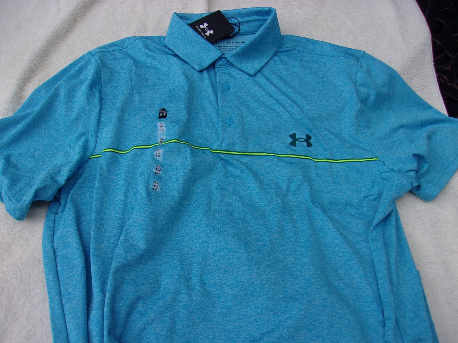 NWT Under Armour Loose Fit Playoff polo, men's L, XL, blue, bright green stripe gallery