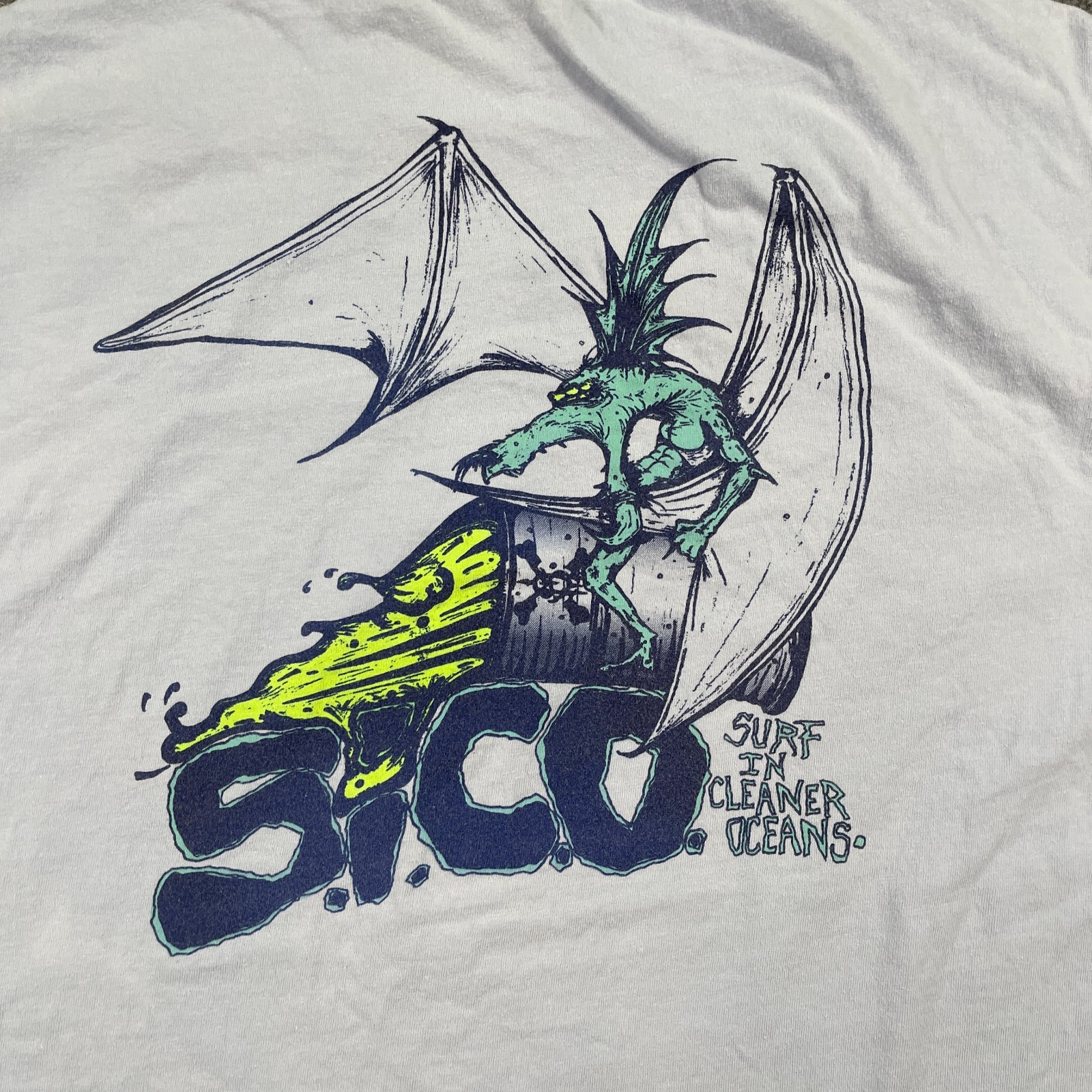 Vintage 90s SICO Toxic Sea Monster Surf Surfer Shirt XL 23x27 Blue gallery