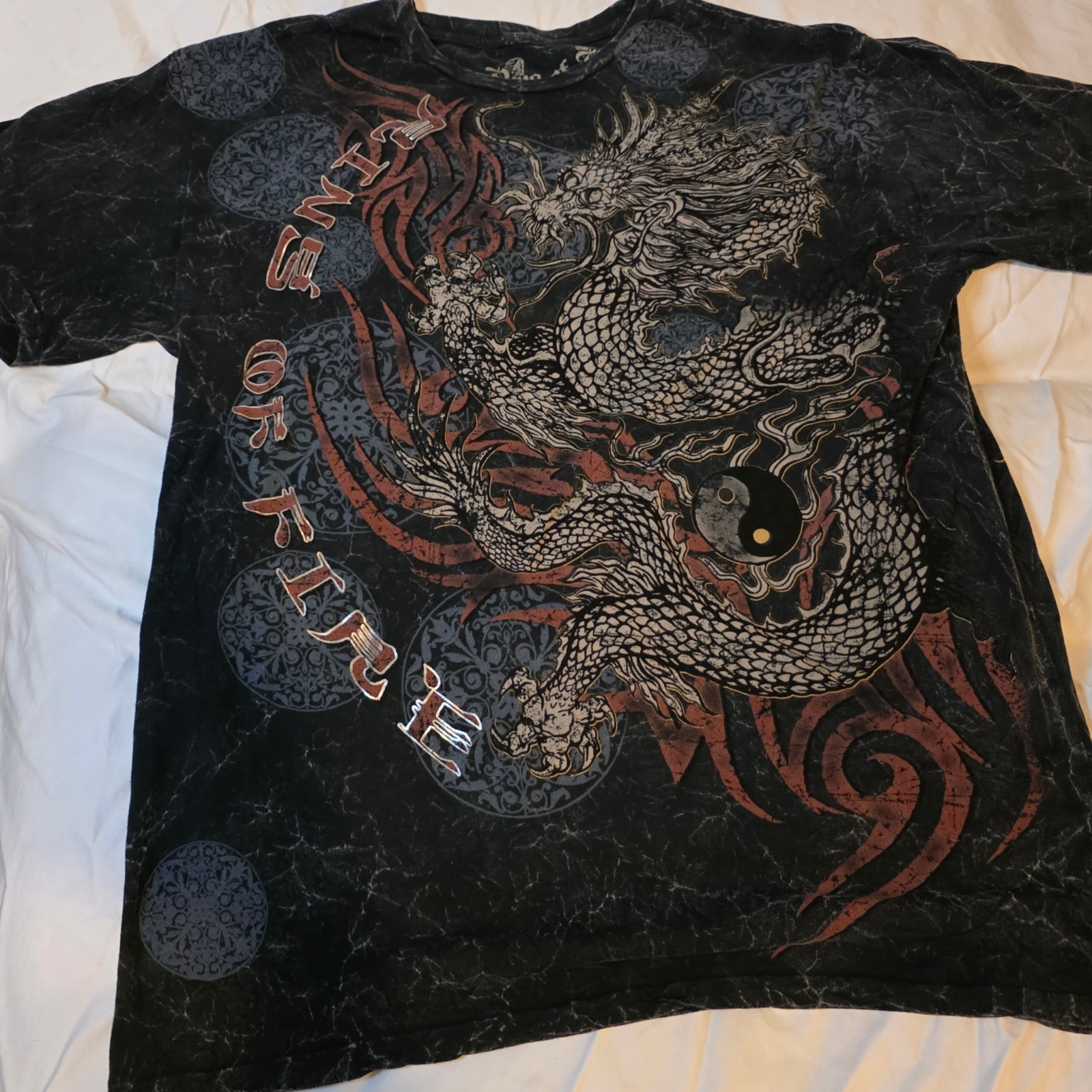 Y2k Vintage Ring of Fire Dragon Graphic Print Crew Neck Short Sleeve T-Shirt 2x