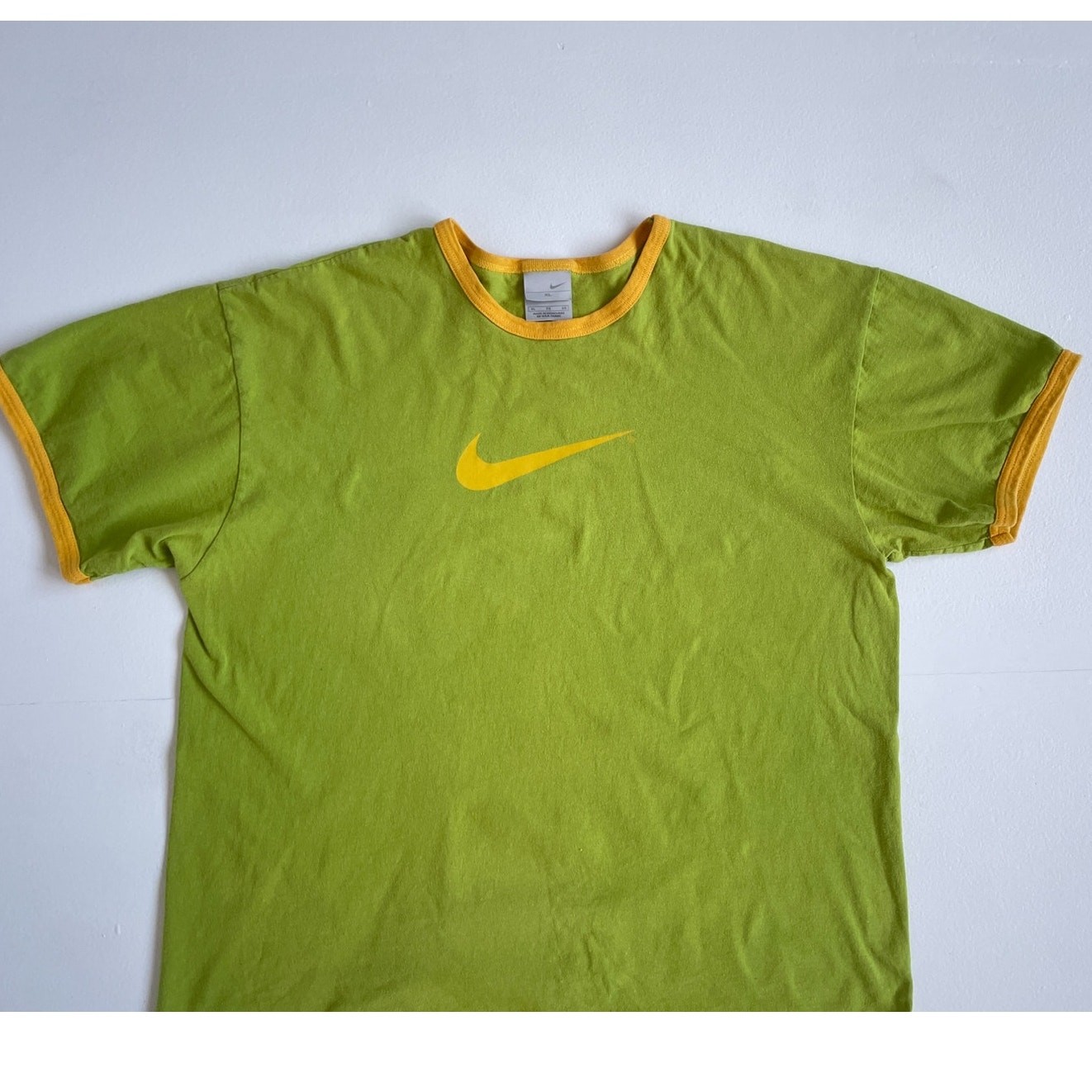 Vtg 90s Y2K Lemon + Lime NIKE Ringer Swoosh T-Shirt / Size XL Cotton Logo Sport gallery