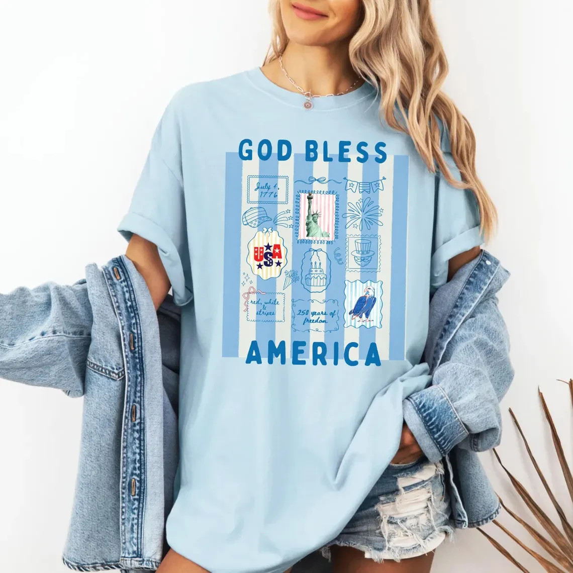 America 250th Anniversary Shirt Patriotic Light Blue Stripes Graphic Tee Women gallery