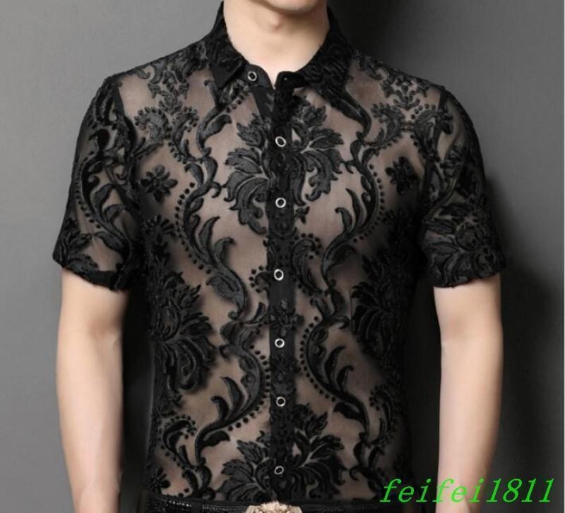 Chic Mens Hollow Out Floral Lace Shirts Short Sleeve Thin Lapel Tops Club Shirts