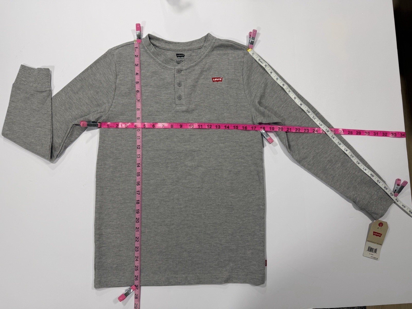 Levi's Men’s Gray Waffle Knit Henley Long Sleeve T-Shirt Logo Buttons XL gallery