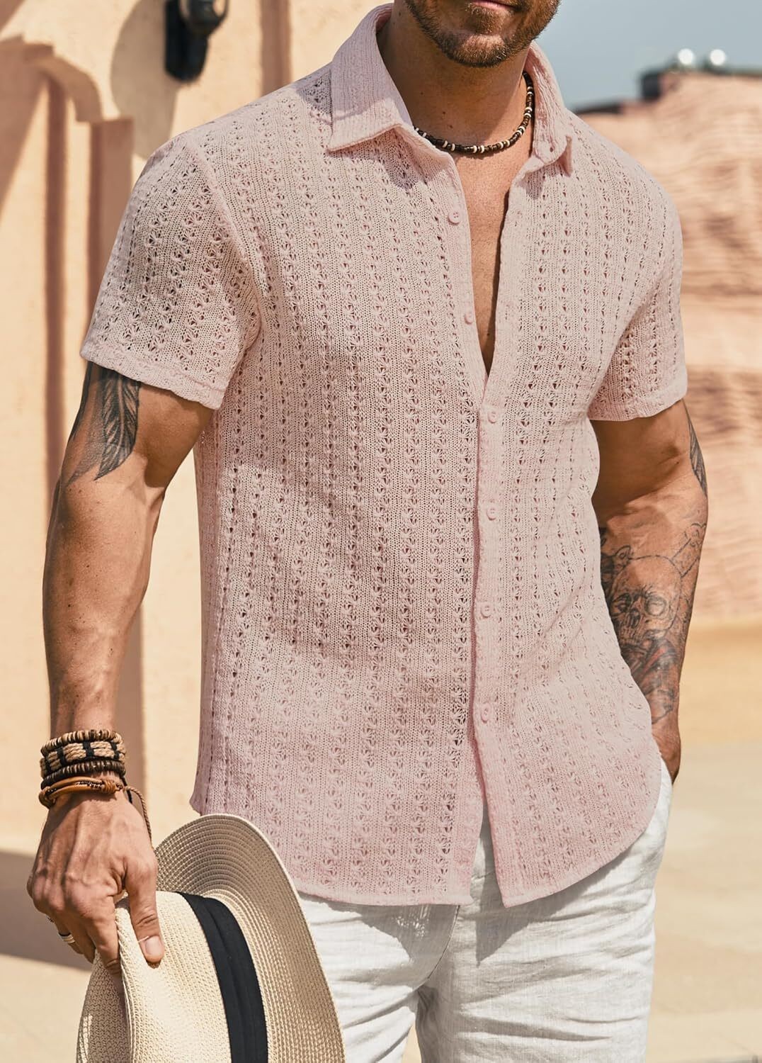 Men's Knit Crochet Button Down Shirt Hollow Out Textured Casual Summer Top S-XXL gallery