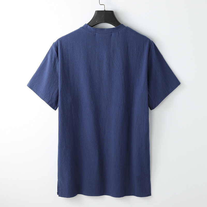 Men's Stand-up Collar Short Sleeve Cotton Hemp Summer T-shirt Loose Linen V-neck gallery