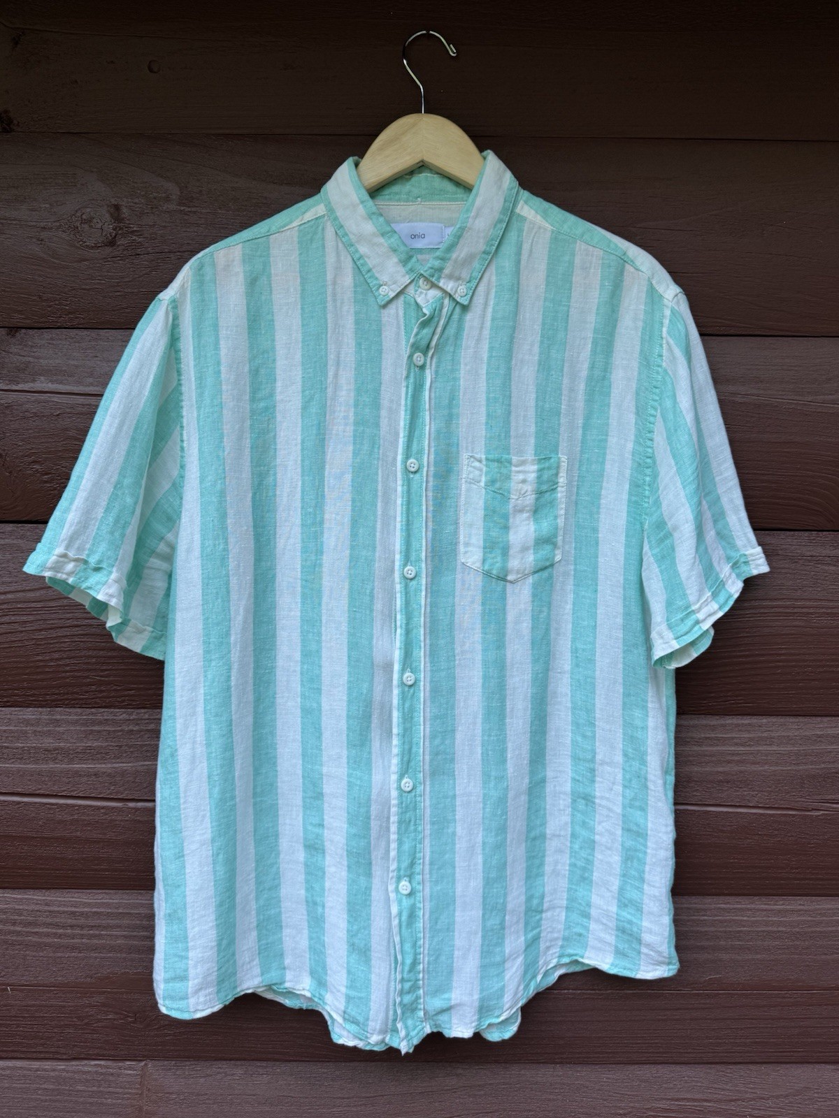 Onia Popover Mens Green Shirt Stripe 100% Linen Men Size Large Beach gallery