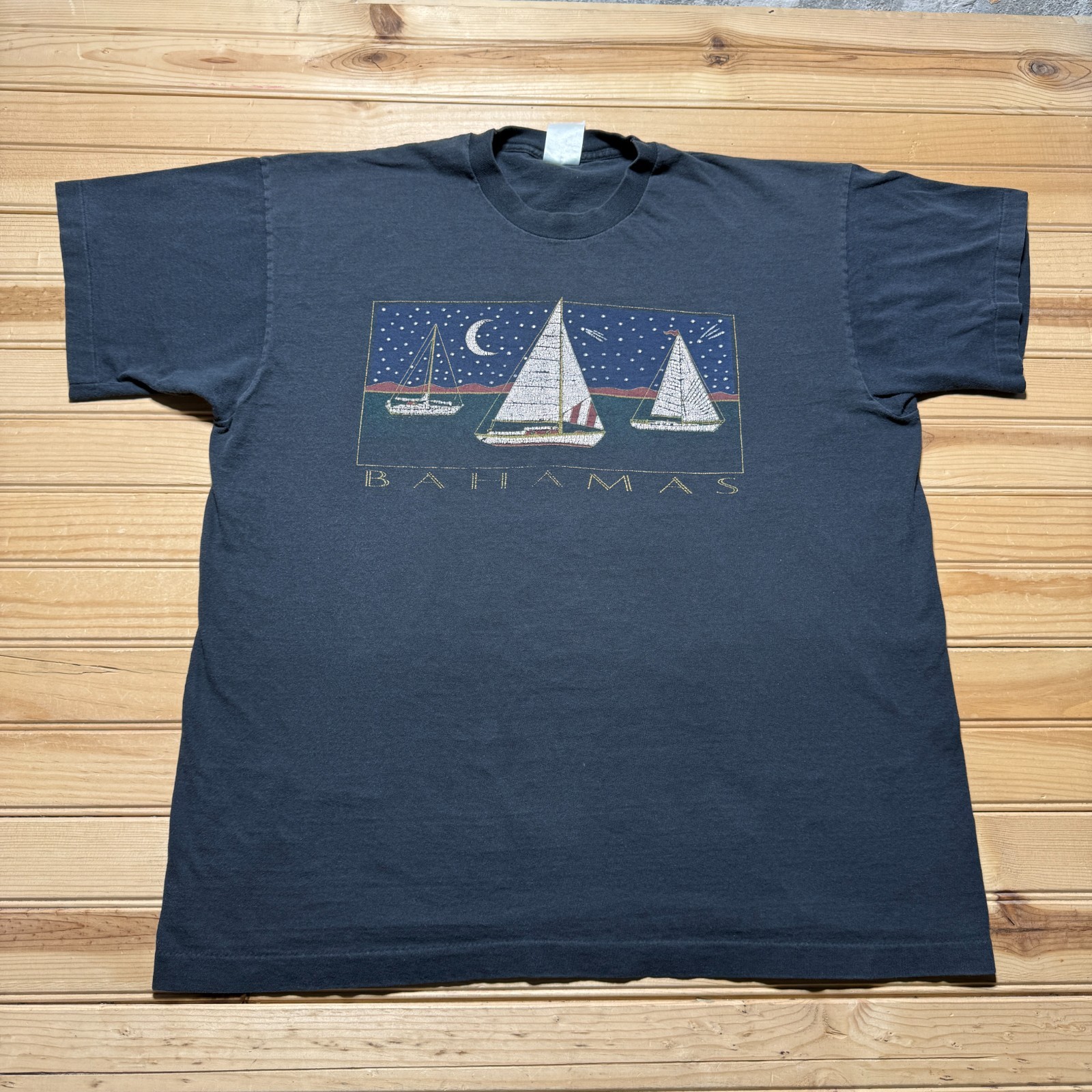 Vintage 90s Bahamas Sailboat Moon Stars Beach Tropical Graphic Souvenir Shirt XL