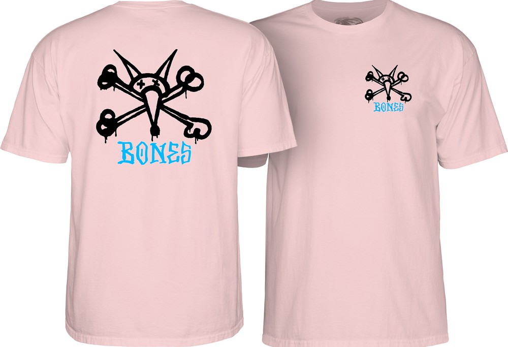 Powell Peralta RAT BONES Skateboard T Shirt LIGHT PINK w/BLUE Bones Logo