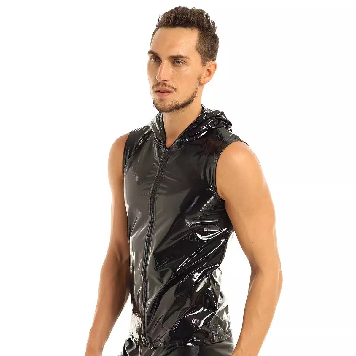Men's Shiny Clubwear PVC Leather Wet Look Zipper Tank Tops Hooded T-Shirts Vest gallery