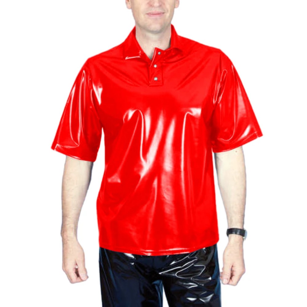 Men's PVC Wet Look T-Shirt Turn Down Neck Button Everyday Wear Casual Loose Top gallery