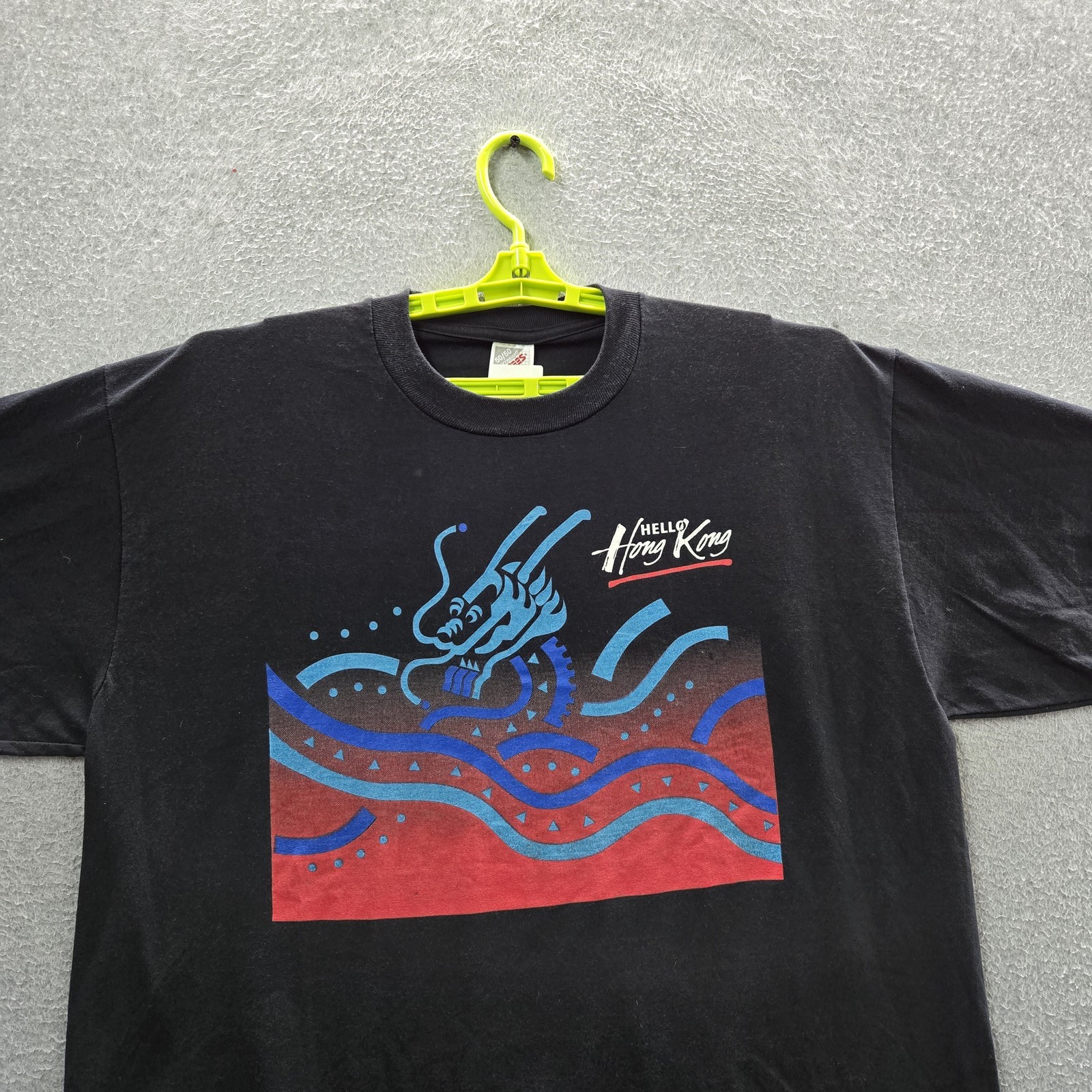 VINTAGE Hong Kong Men Shirt XL Black 90s USA Single Stitch Graphic Dragon Waves