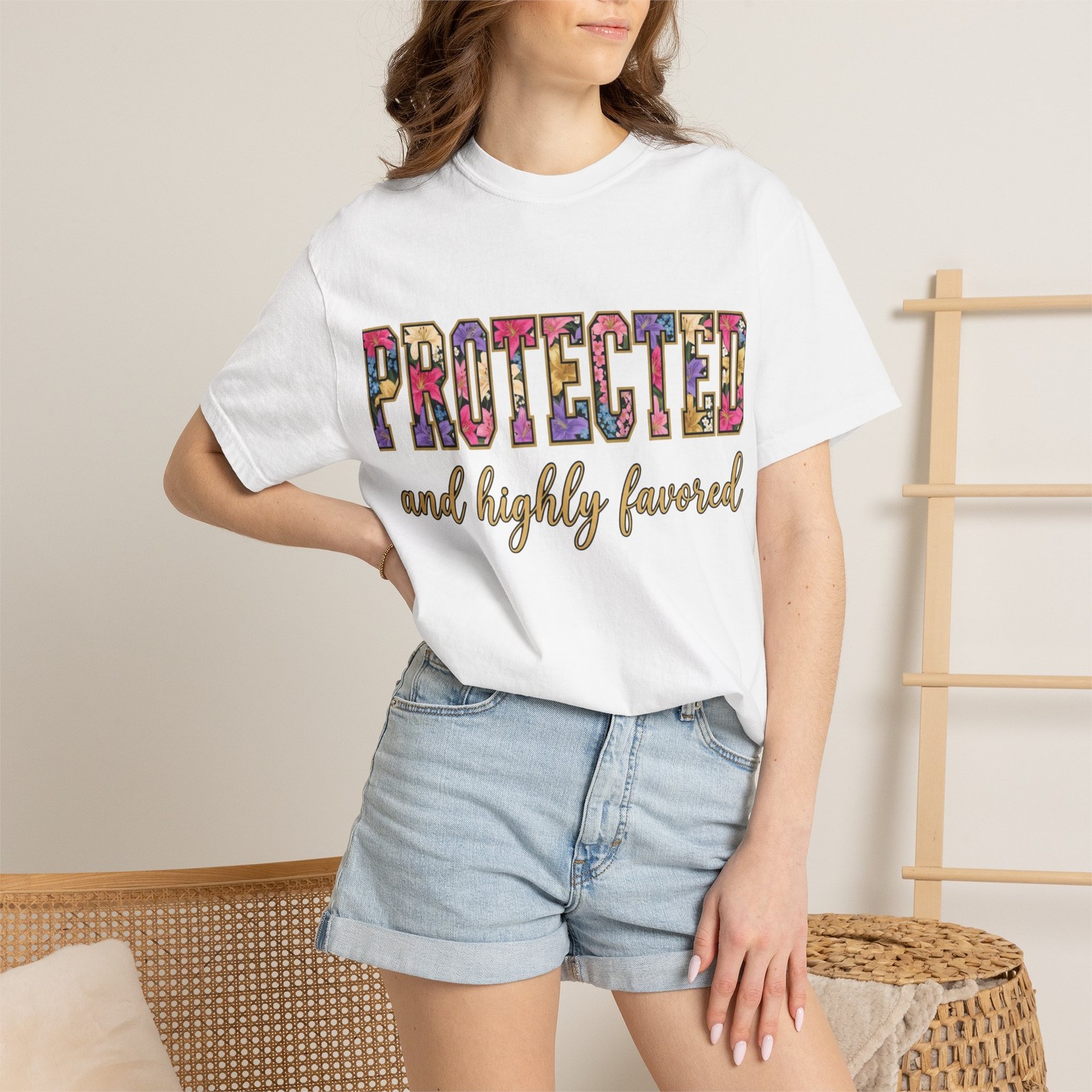 Protected and Highly Favored T-Shirt | Floral Pattern Text Tee gallery
